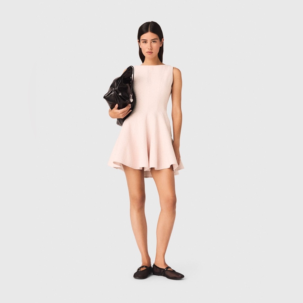 NWOT MAJE Short flared tweed Sleeveless Pink Fit-and-Flare mini dress, S /FR36